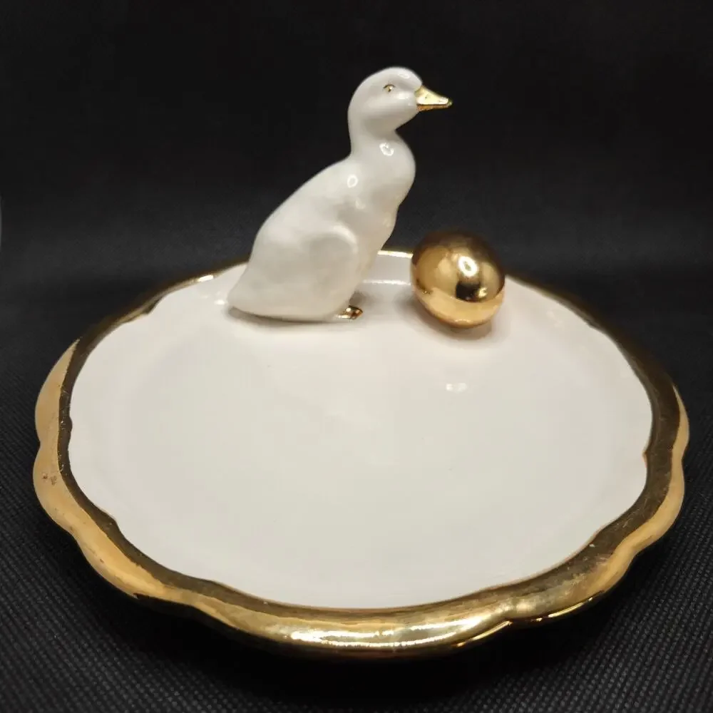 LA Ceramics Hand Painted Dish White Goose & Golden Egg Storybook Farmhouse 7.25